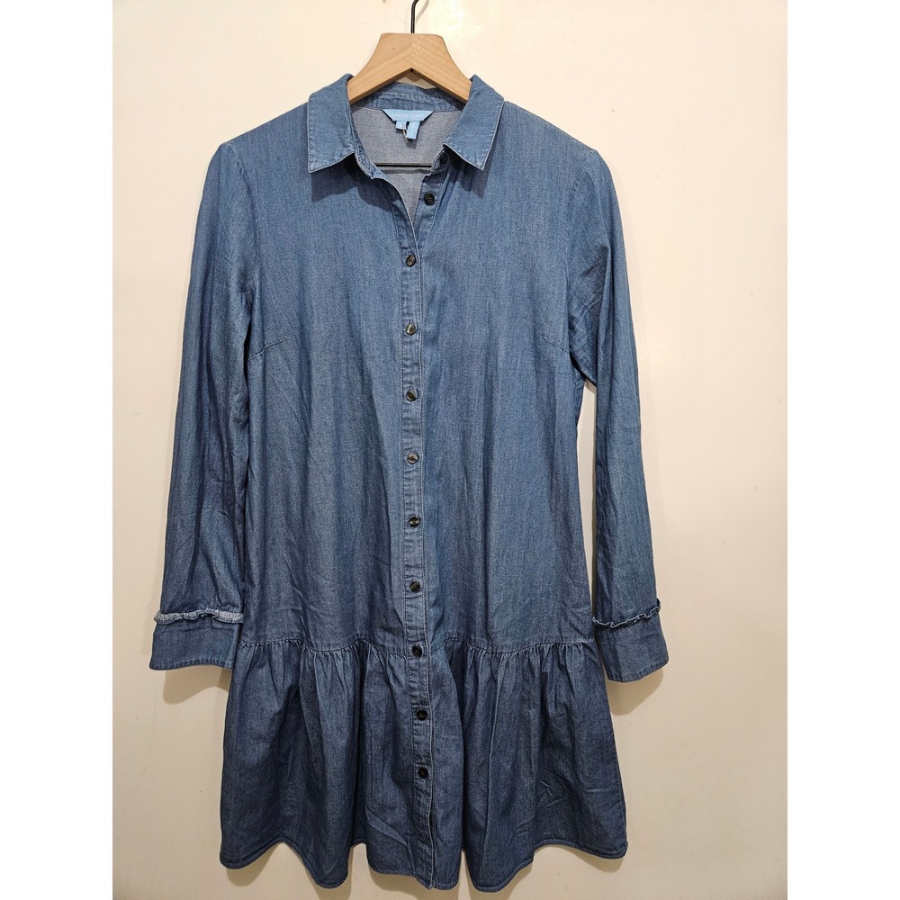 Draper James 8 Chambray Denim Shirt Dress Cotton Button Front Ruffle Hem
